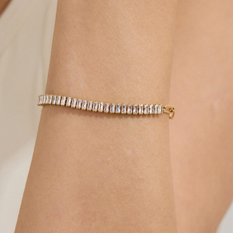 18K Gold SS Square CZ Paperclip Tennis Bracelet - Image 2