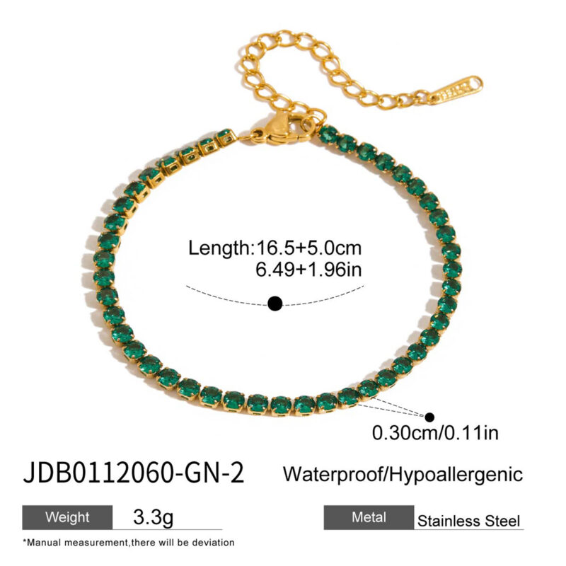 3MM Green CZ Tennis Chain Bracelet, 18K Gold - Image 4