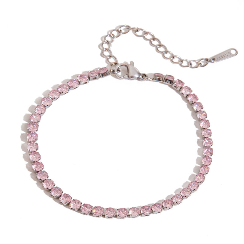 Steel Tone Tennis Chain Bracelet Pink Zirconia Sparkle