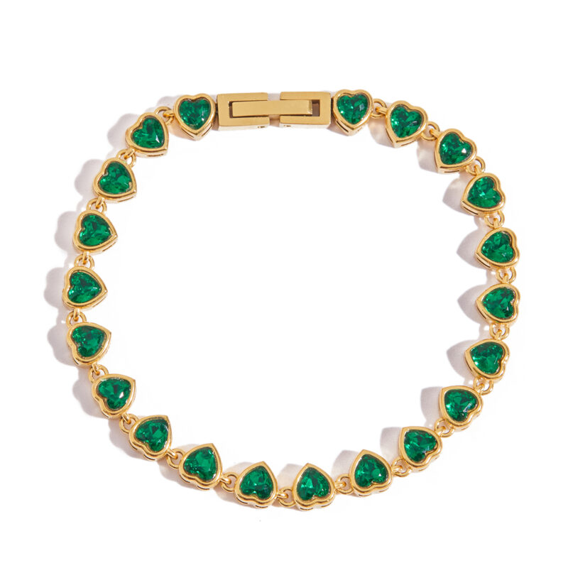 Gold Tone Heart Zirconia Tennis Bracelet Green Glow