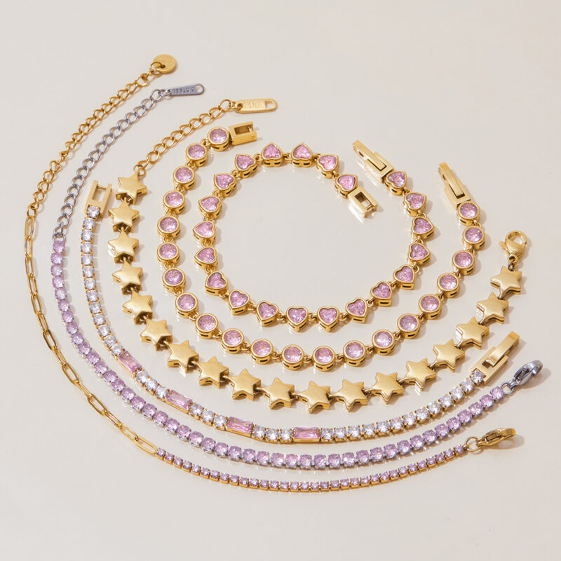 Classic Gold Tone Bracelet Pink Round White Square Zirconia - Image 3