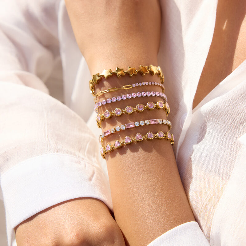 Classic Gold Pink Rectangular White Round Zirconia Bracelet - Image 2