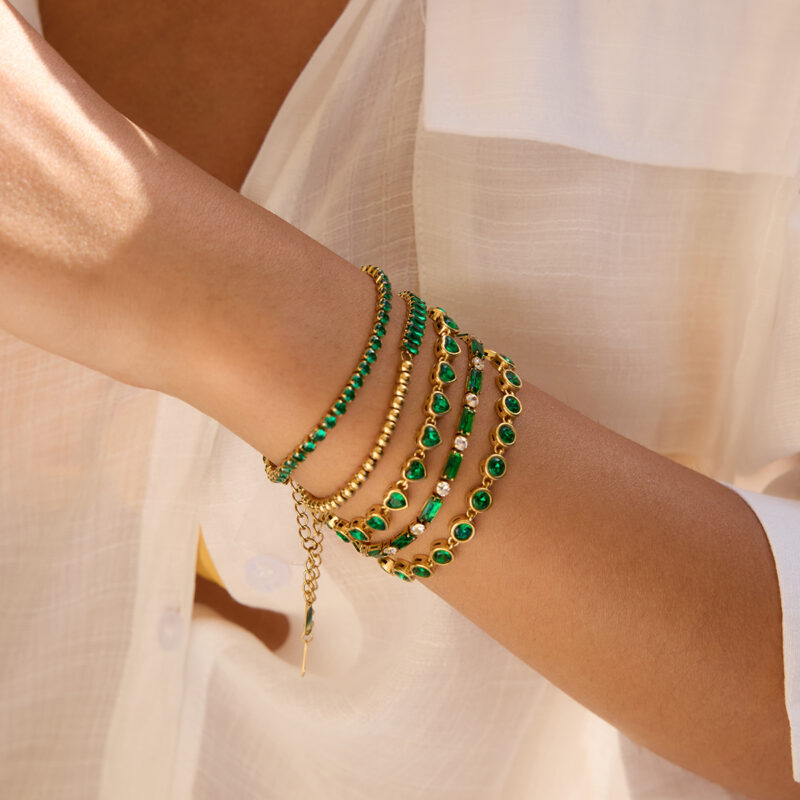Gold Tone Heart Zirconia Tennis Bracelet Green Glow - Image 2