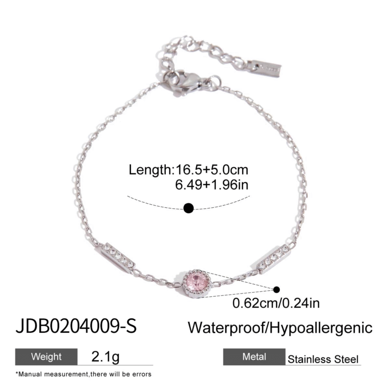 Classic Steel Tone Bracelet Pink Round White Square Zirconia - Image 4