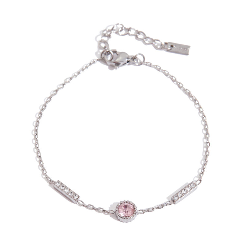 Classic Steel Tone Bracelet Pink Round White Square Zirconia