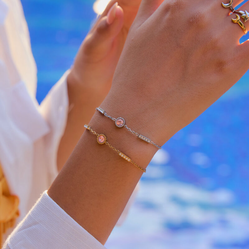 Classic Steel Tone Bracelet Pink Round White Square Zirconia - Image 2