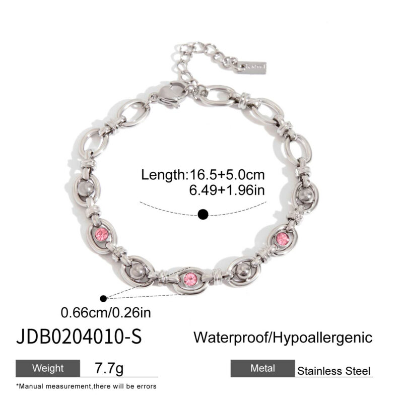 Classic Steel Tone Handmade Pink Round Zirconia Bracelet - Image 4