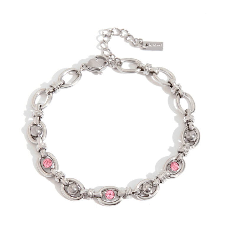 Classic Steel Tone Handmade Pink Round Zirconia Bracelet