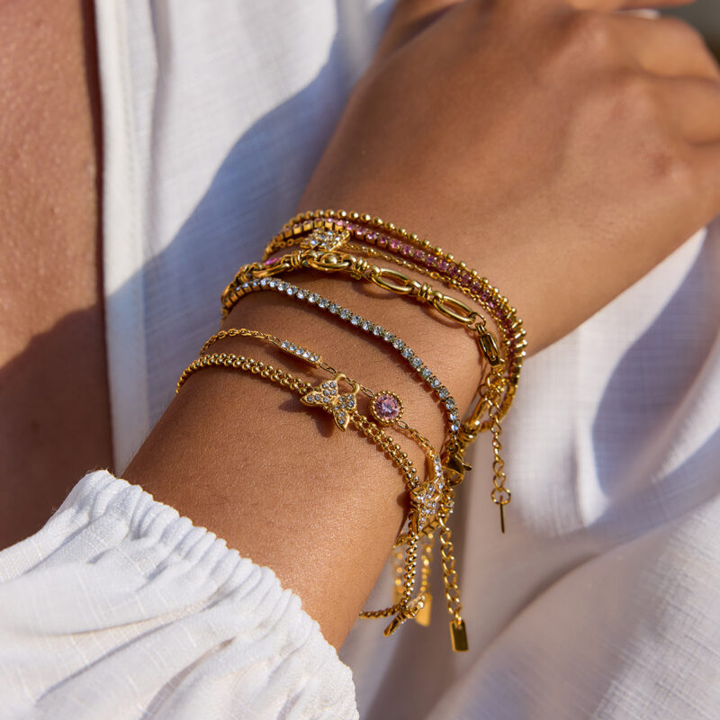 Classic Gold Tone Handmade Pink Round Zirconia Bracelet - Image 3