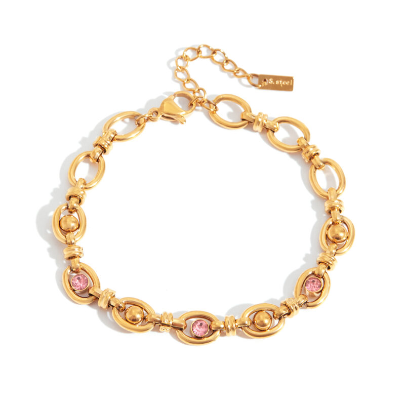 Classic Gold Tone Handmade Pink Round Zirconia Bracelet