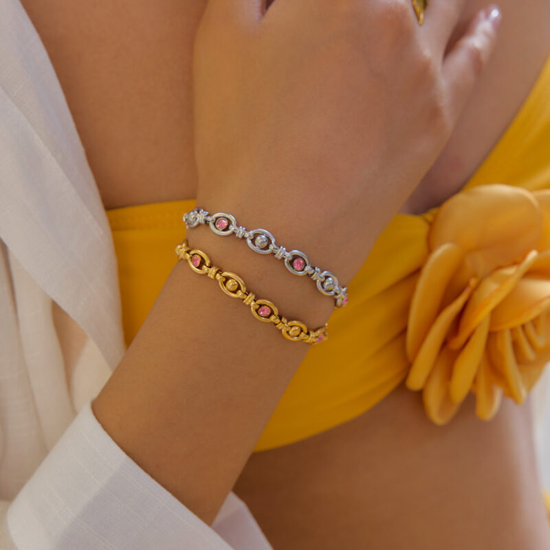 Classic Steel Tone Handmade Pink Round Zirconia Bracelet - Image 3