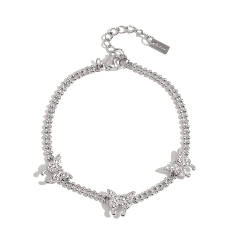 Romantic Steel Tone Butterfly Bracelet White Zirconia