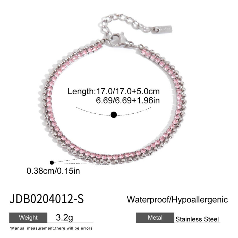 Classic Steel Tone Double Layer Pink Rhinestone Bracelet - Image 4