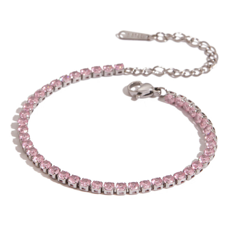 Classic Steel Tone Double Layer Pink Rhinestone Bracelet