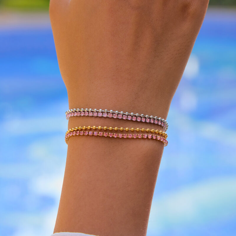 Classic Steel Tone Double Layer Pink Rhinestone Bracelet - Image 2