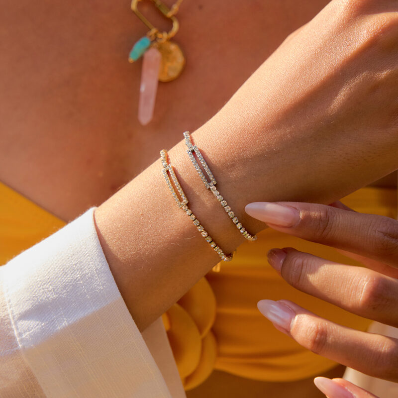 Classic Steel Tone Square Zirconia Hollow Bracelet - Image 2