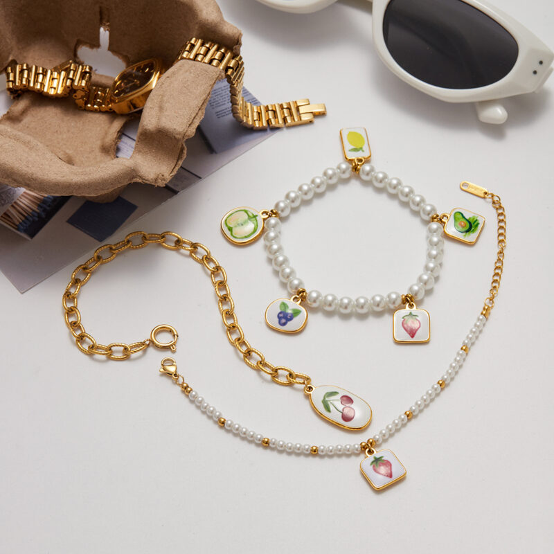Romantic Gold Tone Cherry Print Cross Chain Bracelet - Image 3