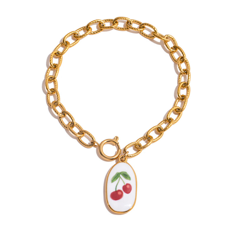 Romantic Gold Tone Cherry Print Cross Chain Bracelet