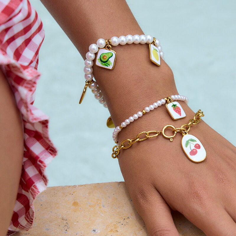 Romantic Gold Tone Cherry Print Cross Chain Bracelet - Image 2