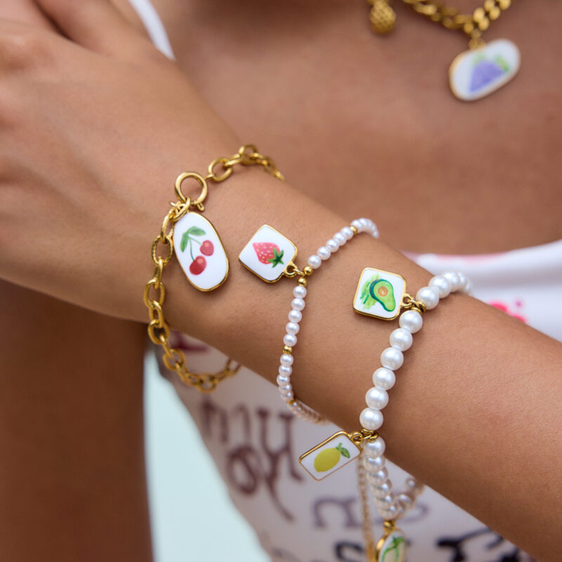 Romantic Gold Tone Fruit Print Pearl Charm Bracelet - Image 2