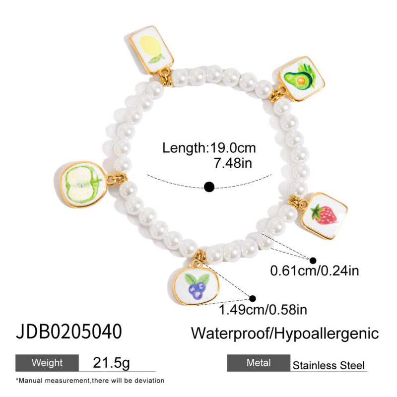 Romantic Gold Tone Fruit Print Pearl Charm Bracelet - Image 5