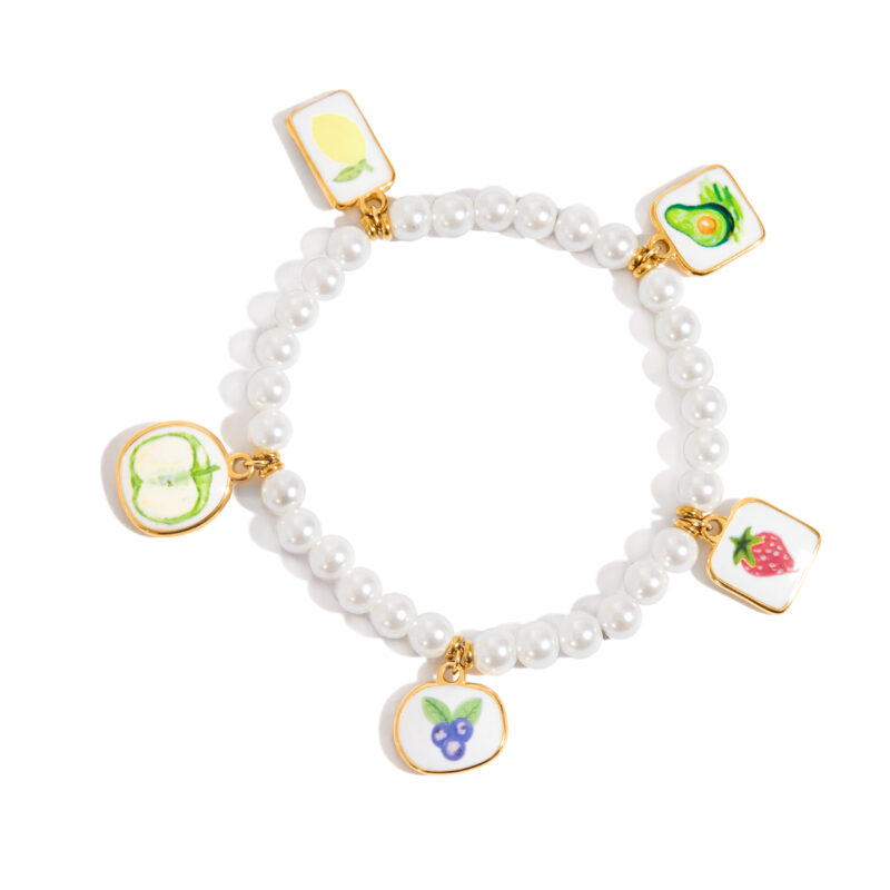 Romantic Gold Tone Fruit Print Pearl Charm Bracelet