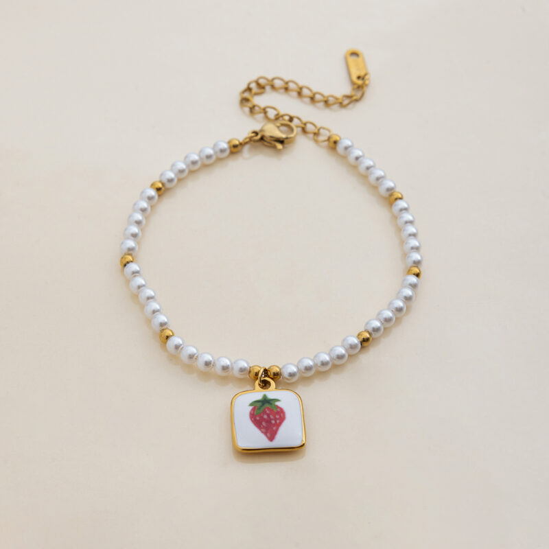 Romantic Gold Tone Strawberry Print Pearl Steel Bead Bracelet - Image 3