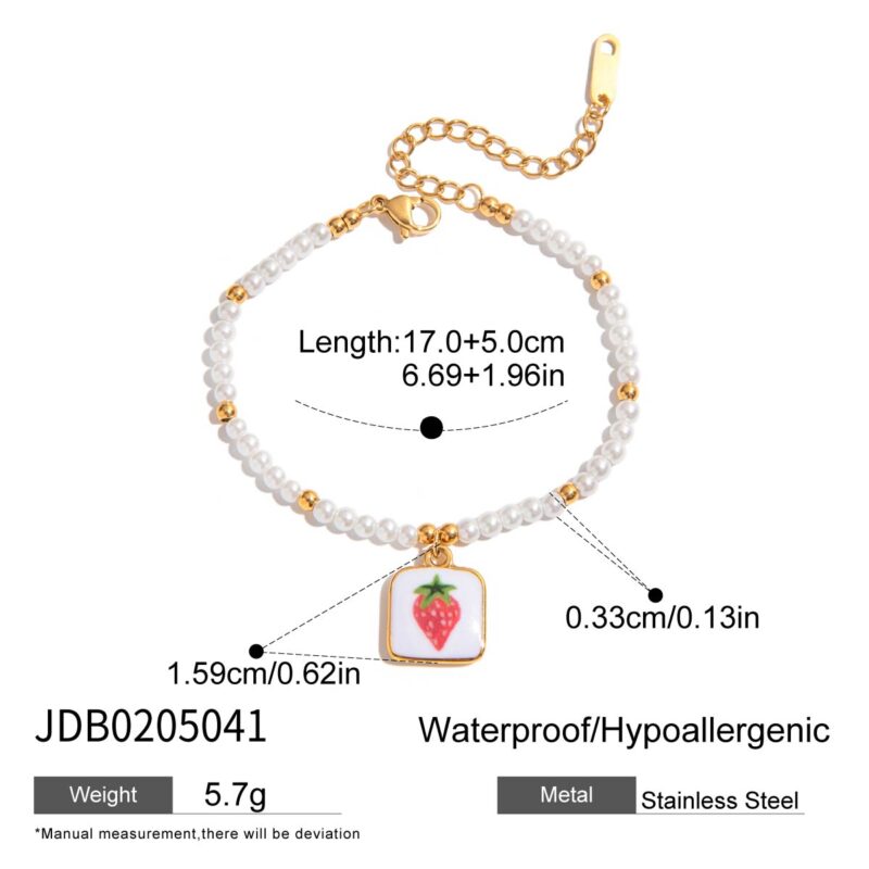 Romantic Gold Tone Strawberry Print Pearl Steel Bead Bracelet - Image 4