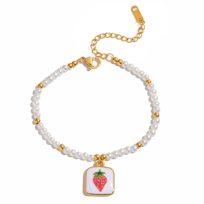 Romantic Gold Tone Strawberry Print Pearl Steel Bead Bracelet