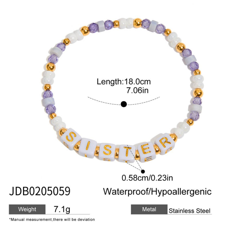 Purple Gem Beaded “SISTER” Stretch Bracelet - Image 6