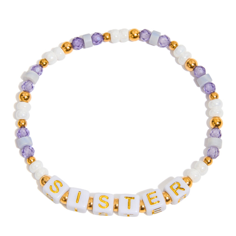 Purple Gem Beaded “SISTER” Stretch Bracelet