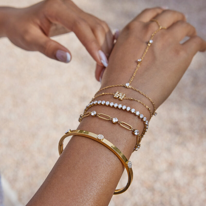 Classic Gold Tone Open Round White Rhinestone Bangle - Image 3