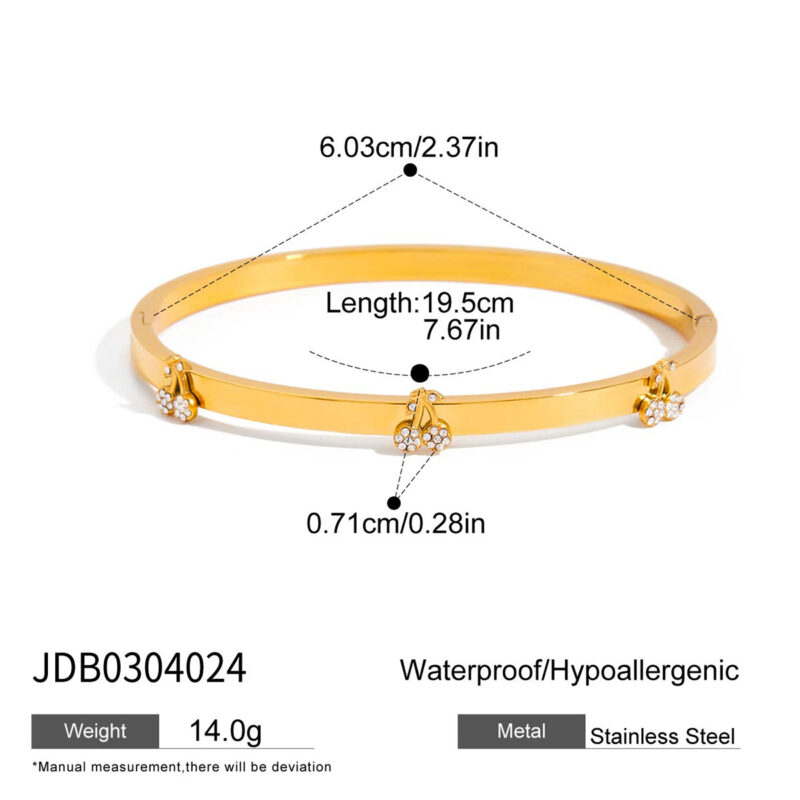 Classic Gold Tone Cherry Rhinestone Open Bangle - Image 4