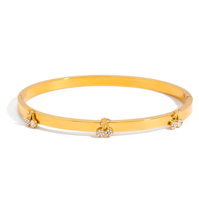 Classic Gold Tone Cherry Rhinestone Open Bangle