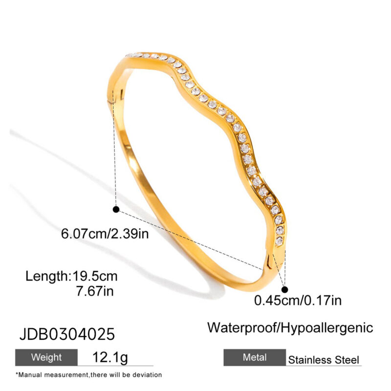 Classic Gold Tone Wave White Rhinestone Open Bangle - Image 4