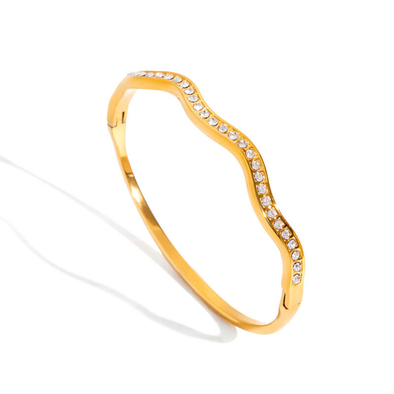 Classic Gold Tone Wave White Rhinestone Open Bangle