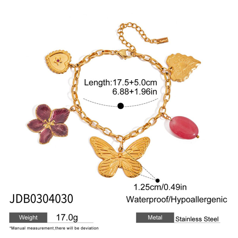 Vacation Gold Tone Heart Pink Diamond Butterfly Natural Stone Bracelet - Image 5