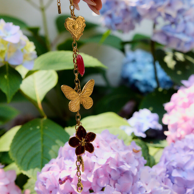 Vacation Gold Tone Heart Pink Diamond Butterfly Natural Stone Bracelet - Image 4