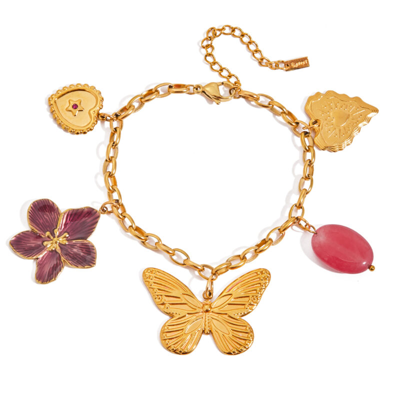 Vacation Gold Tone Heart Pink Diamond Butterfly Natural Stone Bracelet