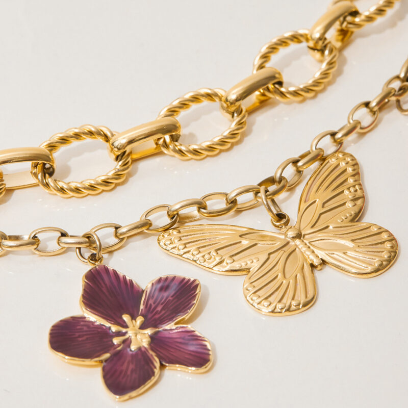 Vacation Gold Tone Heart Pink Diamond Butterfly Natural Stone Bracelet - Image 3