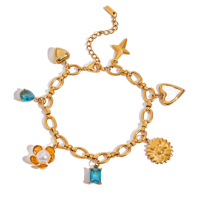 Vacation Gold Tone Shell Blue Rhinestone Pearl Charm Bracelet