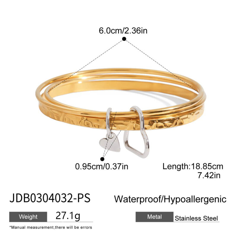 Modern Minimalist Gold Silver Mixed Heart Hammered Bracelet Set - Image 4