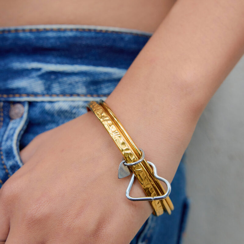 Modern Minimalist Gold Silver Mixed Heart Hammered Bracelet Set - Image 2