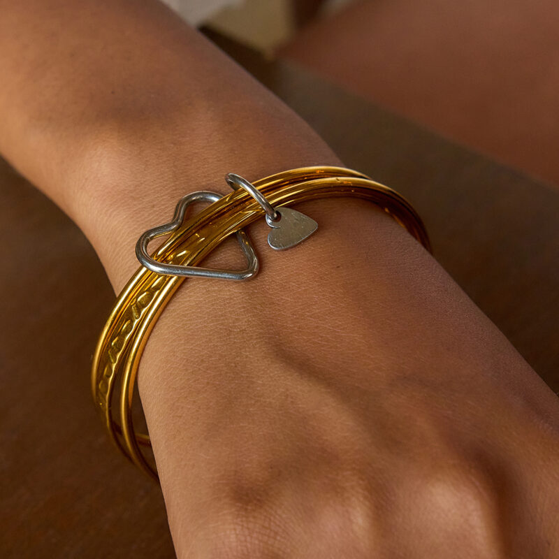 Modern Minimalist Gold Silver Mixed Heart Hammered Bracelet Set - Image 3