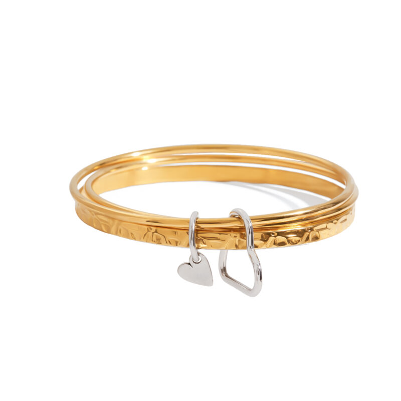 Modern Minimalist Gold Silver Mixed Heart Hammered Bracelet Set