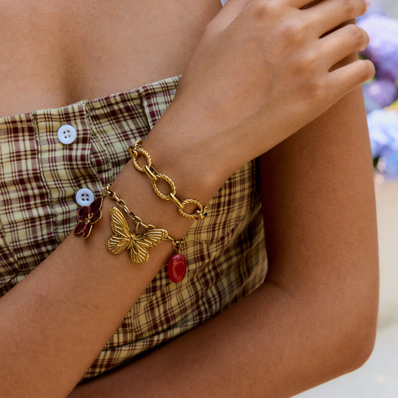 Vacation Gold Tone Heart Pink Diamond Butterfly Natural Stone Bracelet - Image 2