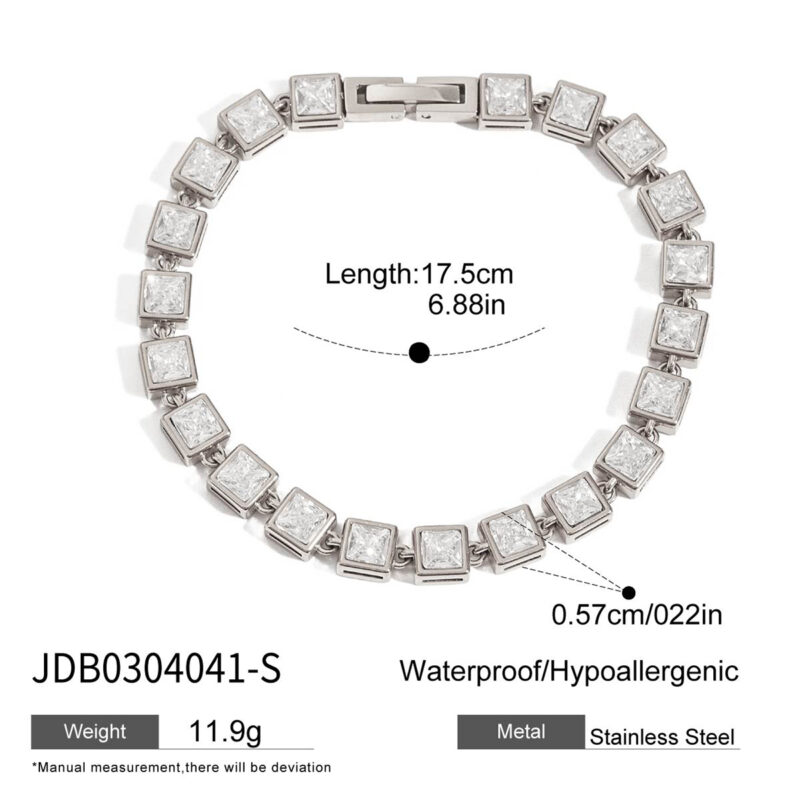 Minimalist Steel Tone Square White Zirconia Tennis Bracelet - Image 5