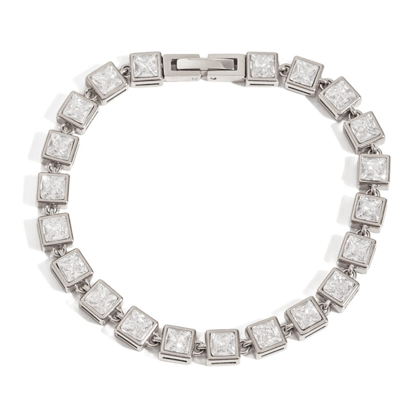 Minimalist Steel Tone Square White Zirconia Tennis Bracelet