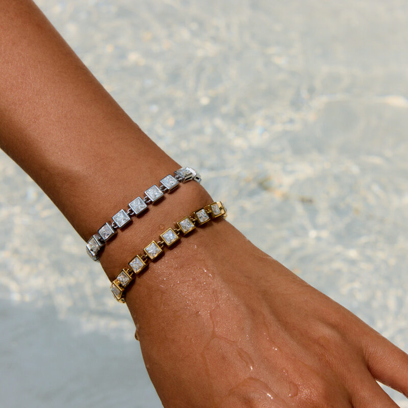 Minimalist Steel Tone Square White Zirconia Tennis Bracelet - Image 3