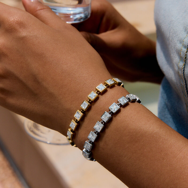 Minimalist Gold Tone Square White Zirconia Tennis Bracelet - Image 2